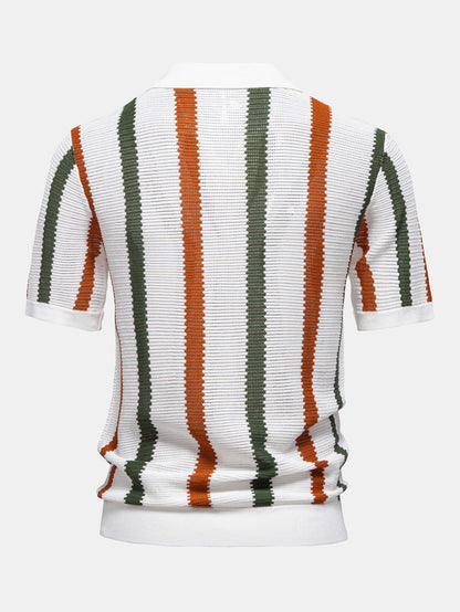 Striped V-neck knit polo shirt &amp; linen pants