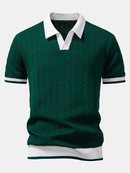 Textured contrast knit polo shirt with V-neck and slim fit trousers