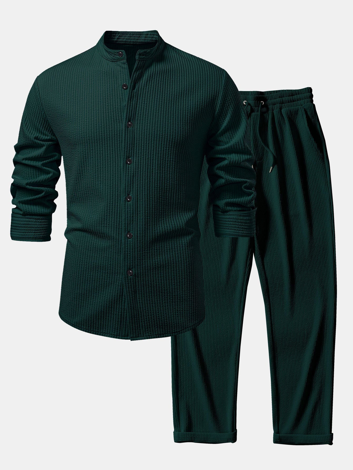 Ribbed Muscle Fit Long Sleeve Shirt with Stand Collar &amp; Ribbed Pants