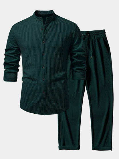 Ribbed Muscle Fit Long Sleeve Shirt with Stand Collar &amp; Ribbed Pants