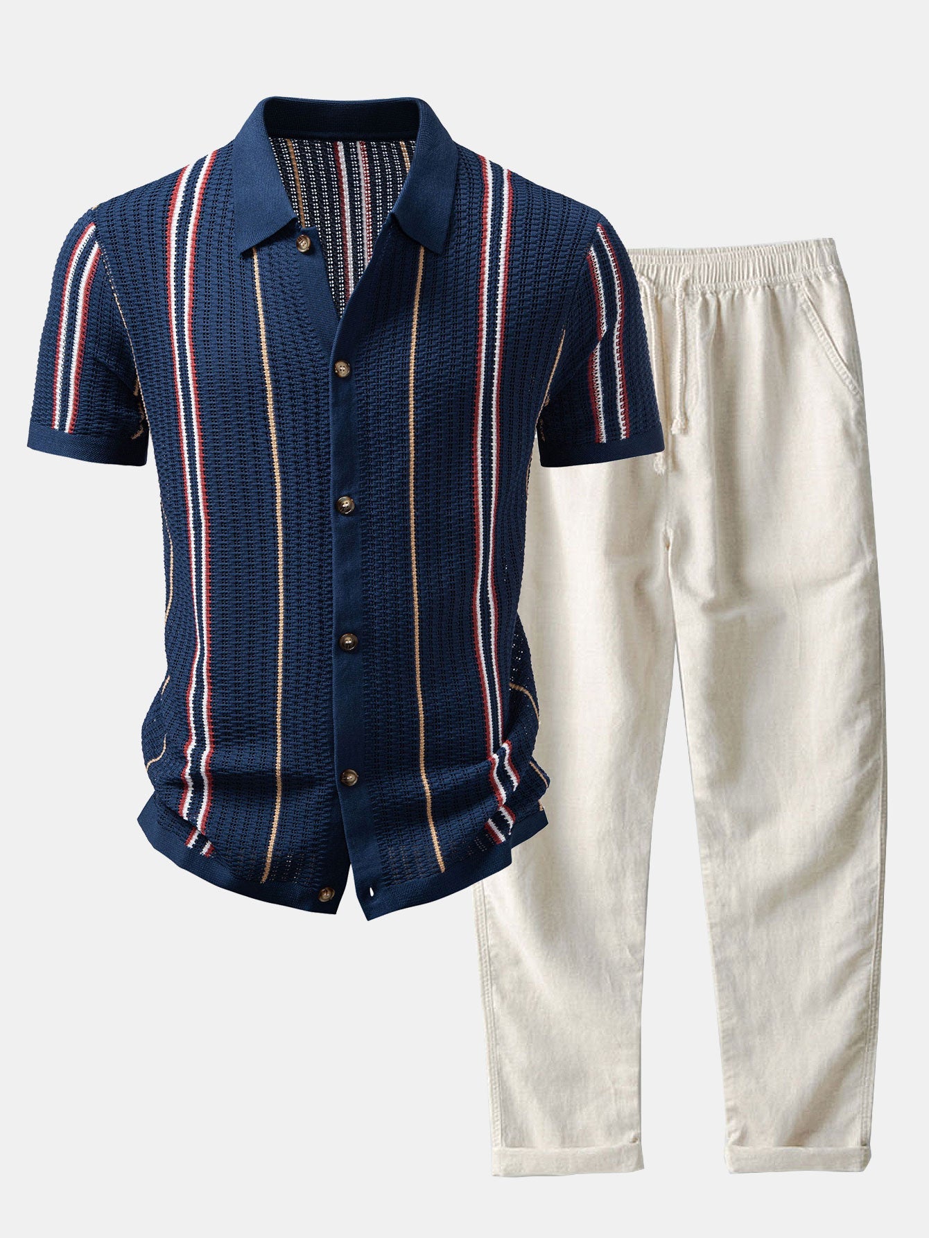 Striped button-up crochet shirt &amp; linen pants