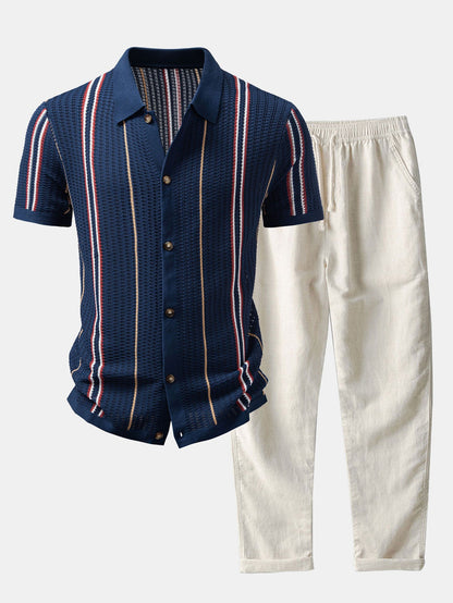 Striped button-up crochet shirt &amp; linen pants