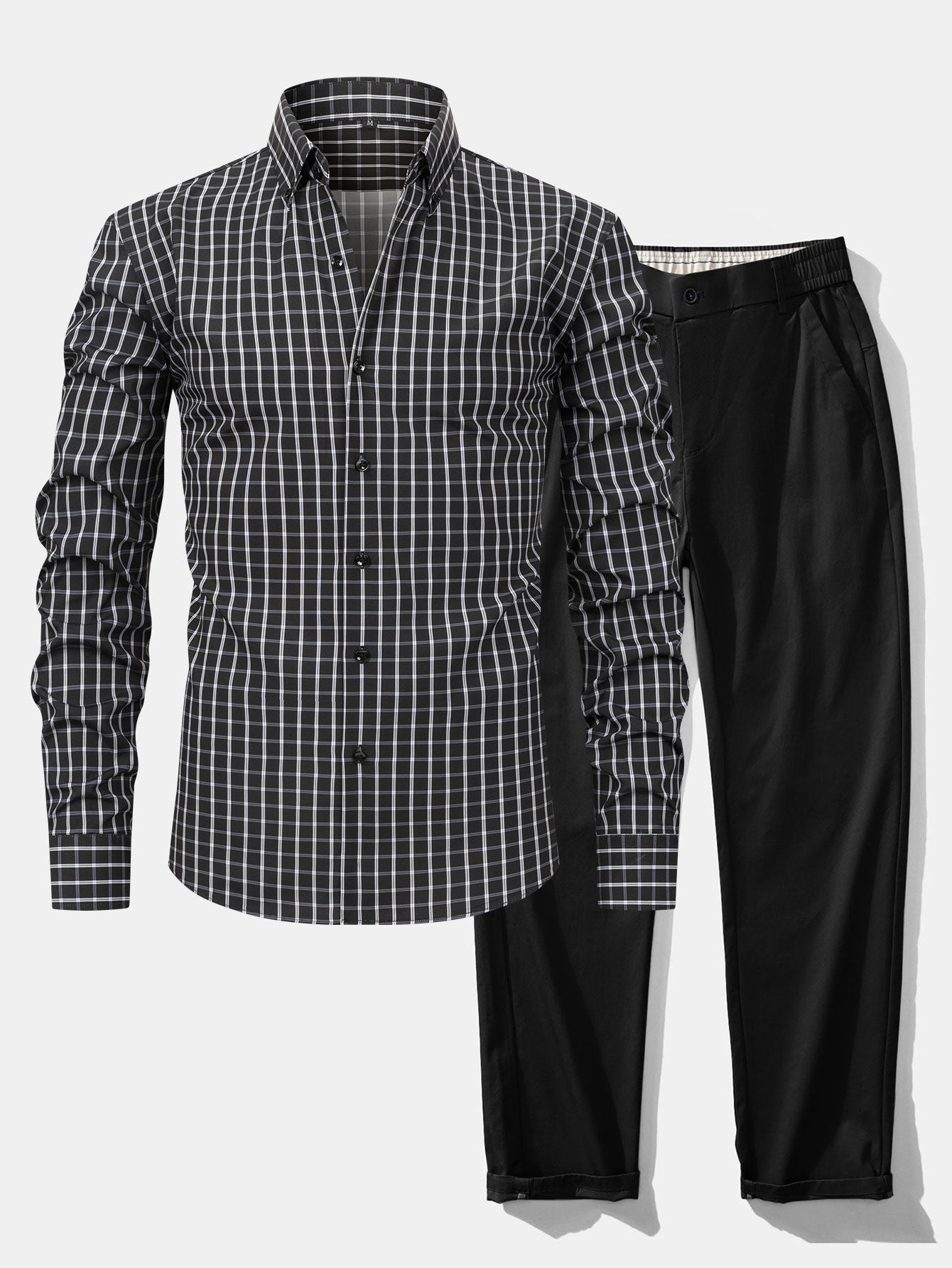 Long sleeve button-down plaid shirt &amp; pants