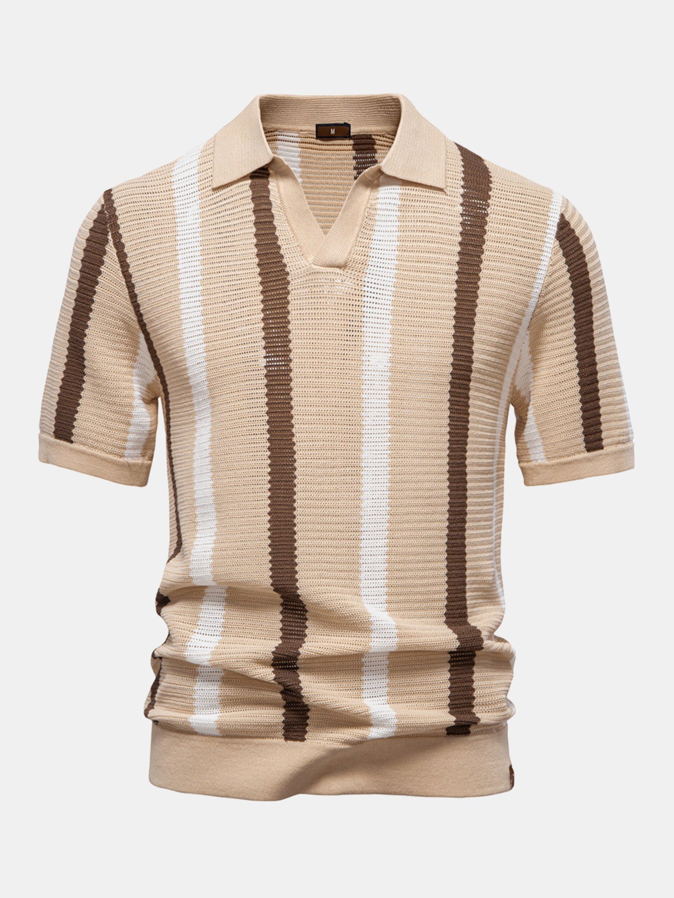 Striped V-neck knit polo shirt &amp; linen pants