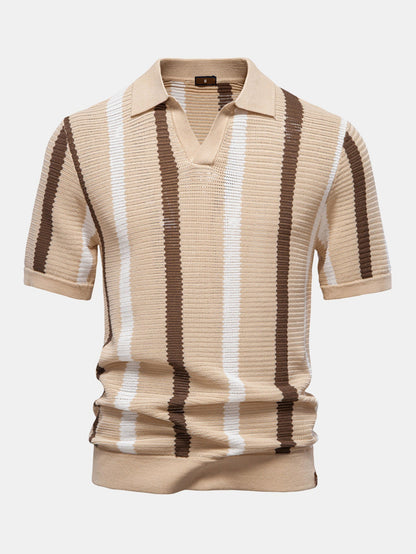Striped V-neck knit polo shirt &amp; linen pants