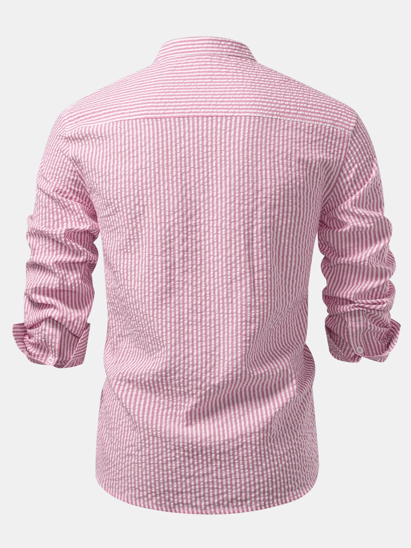 Seersucker Striped Stand Collar Shirt &amp; Straight Leg Linen Pants