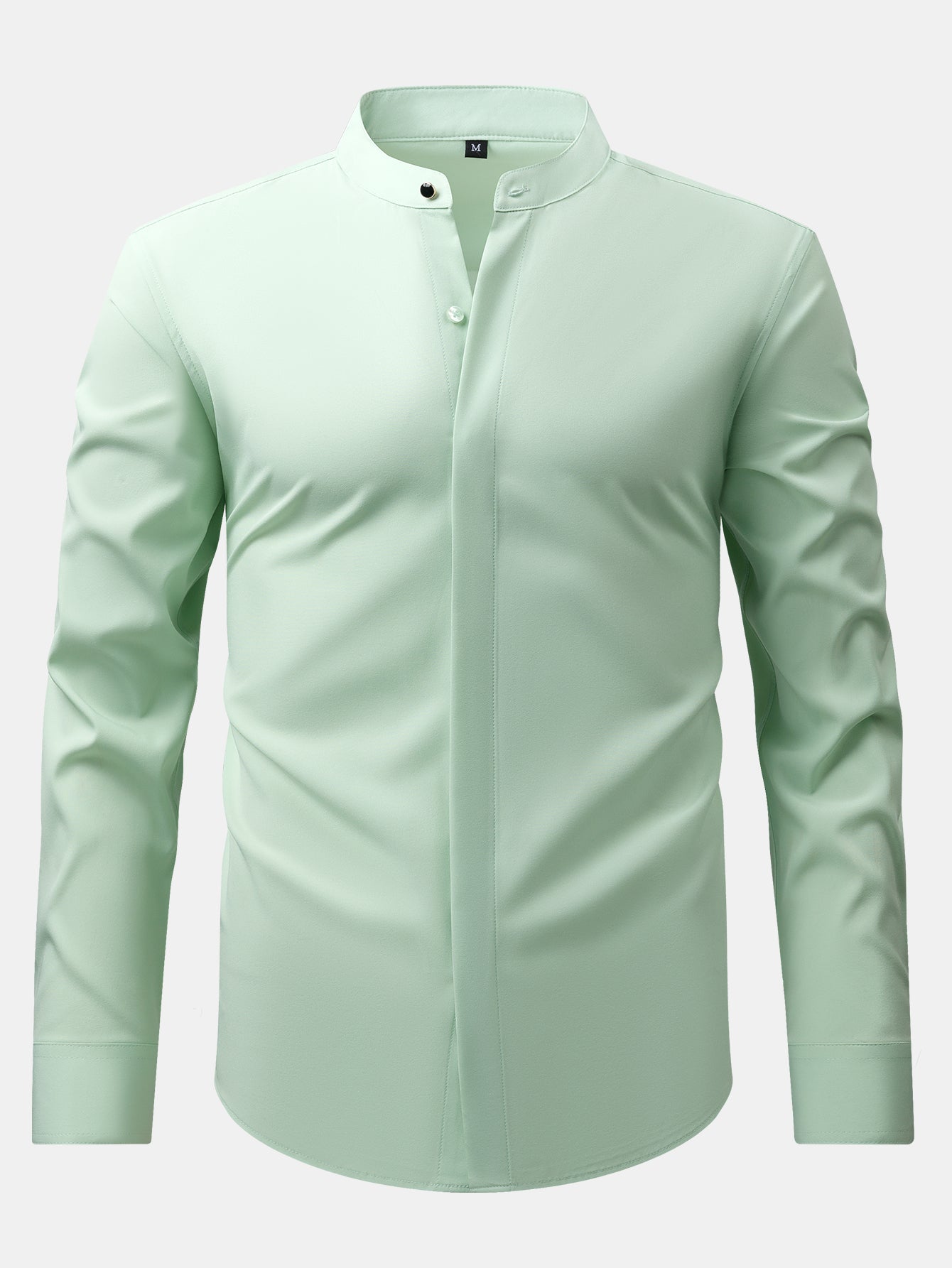 Dress shirt with stand-up collar and hidden anti-wrinkle placket