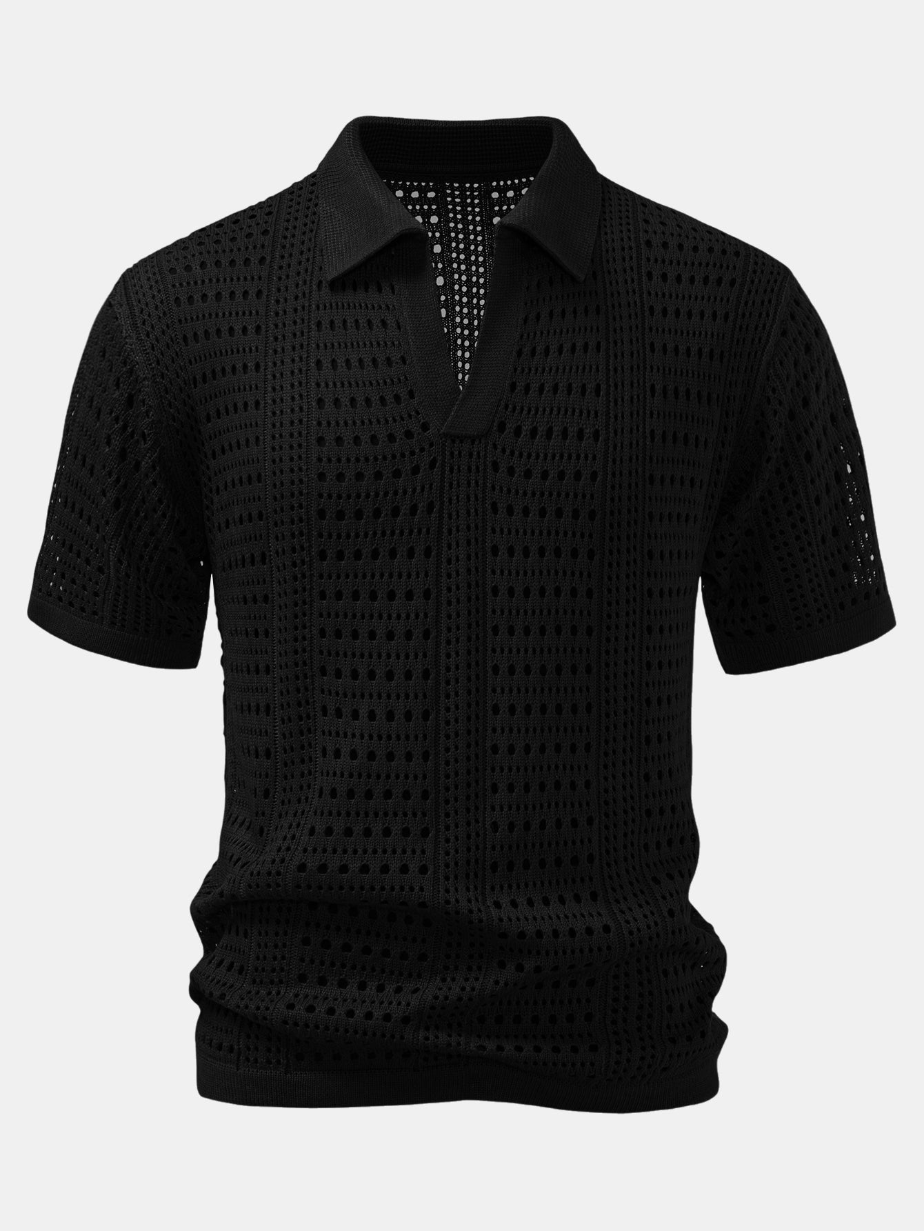 Crochet V-neck polo shirt &amp; straight-leg linen pants