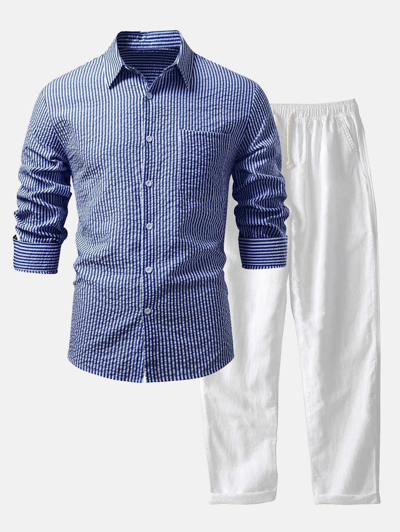 Seersucker Striped Button Up Shirt &amp; Straight Leg Linen Pants