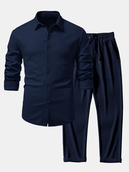 Ribbed muscle fit long sleeve shirt with buttons &amp; ribbed pants