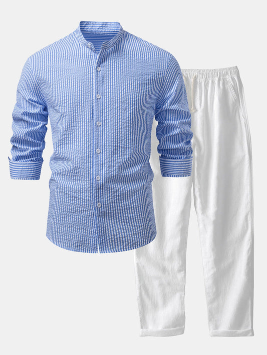 Seersucker Striped Stand Collar Shirt &amp; Straight Leg Linen Pants