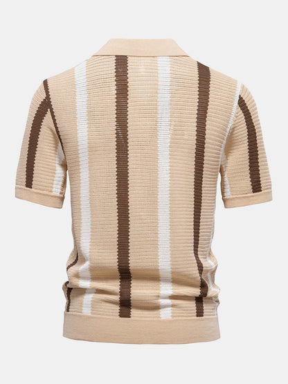 Striped V-neck knit polo shirt &amp; linen pants