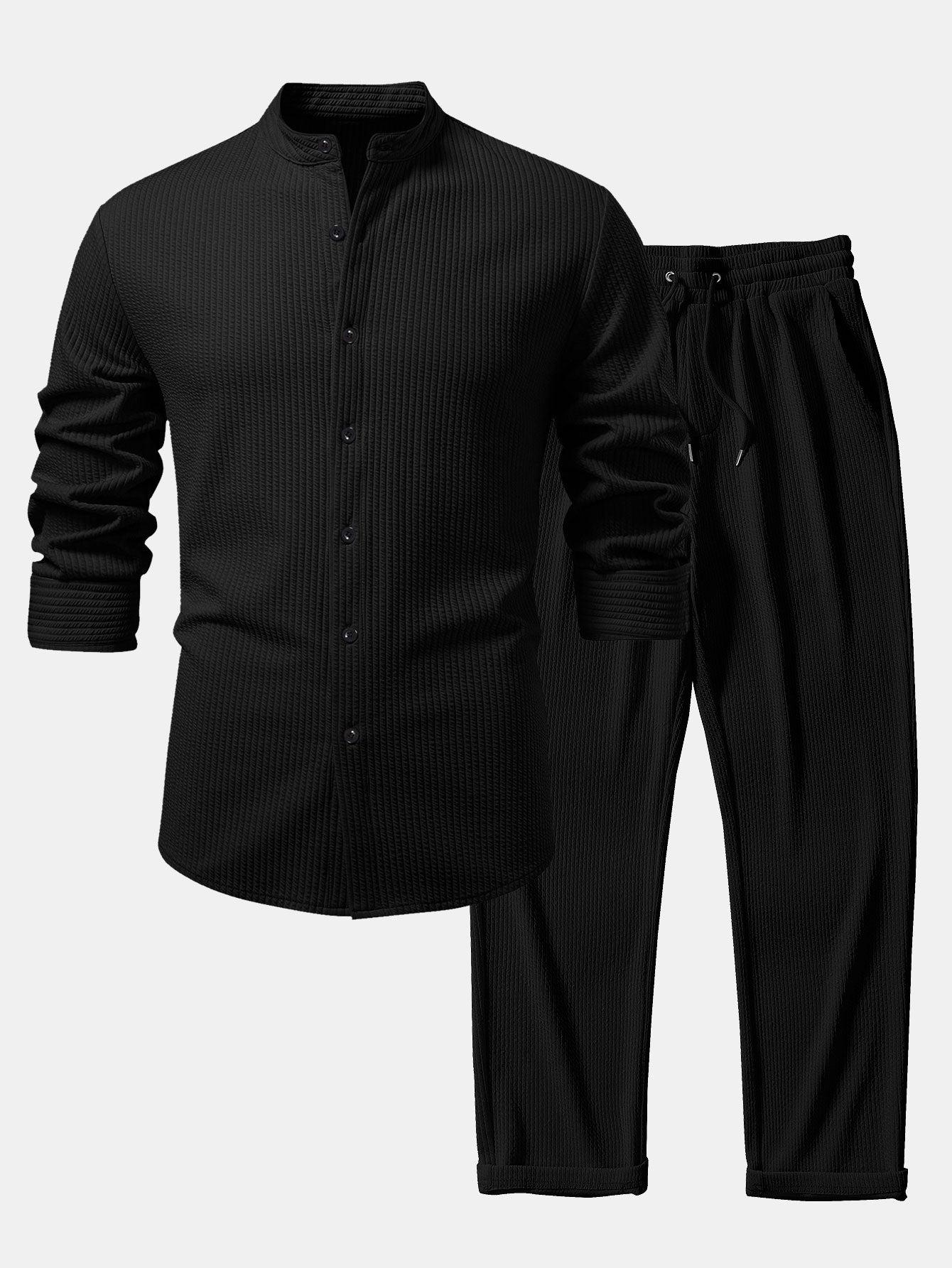 Ribbed Muscle Fit Long Sleeve Shirt with Stand Collar &amp; Ribbed Pants