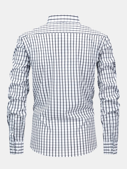 Long-sleeved button-down plaid shirt