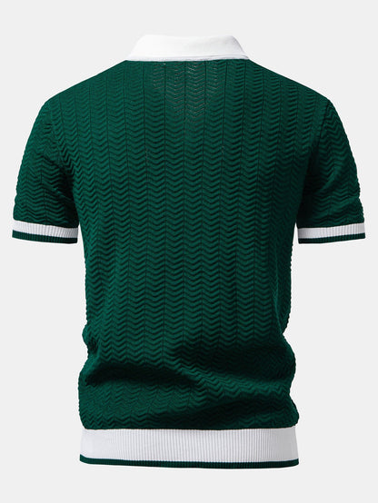 Textured contrast knit polo shirt with V-neck and slim fit trousers