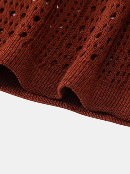 Crochet V-neck polo shirt &amp; straight-leg linen pants