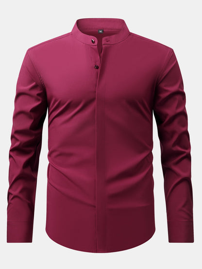 Dress shirt with stand-up collar and hidden anti-wrinkle placket