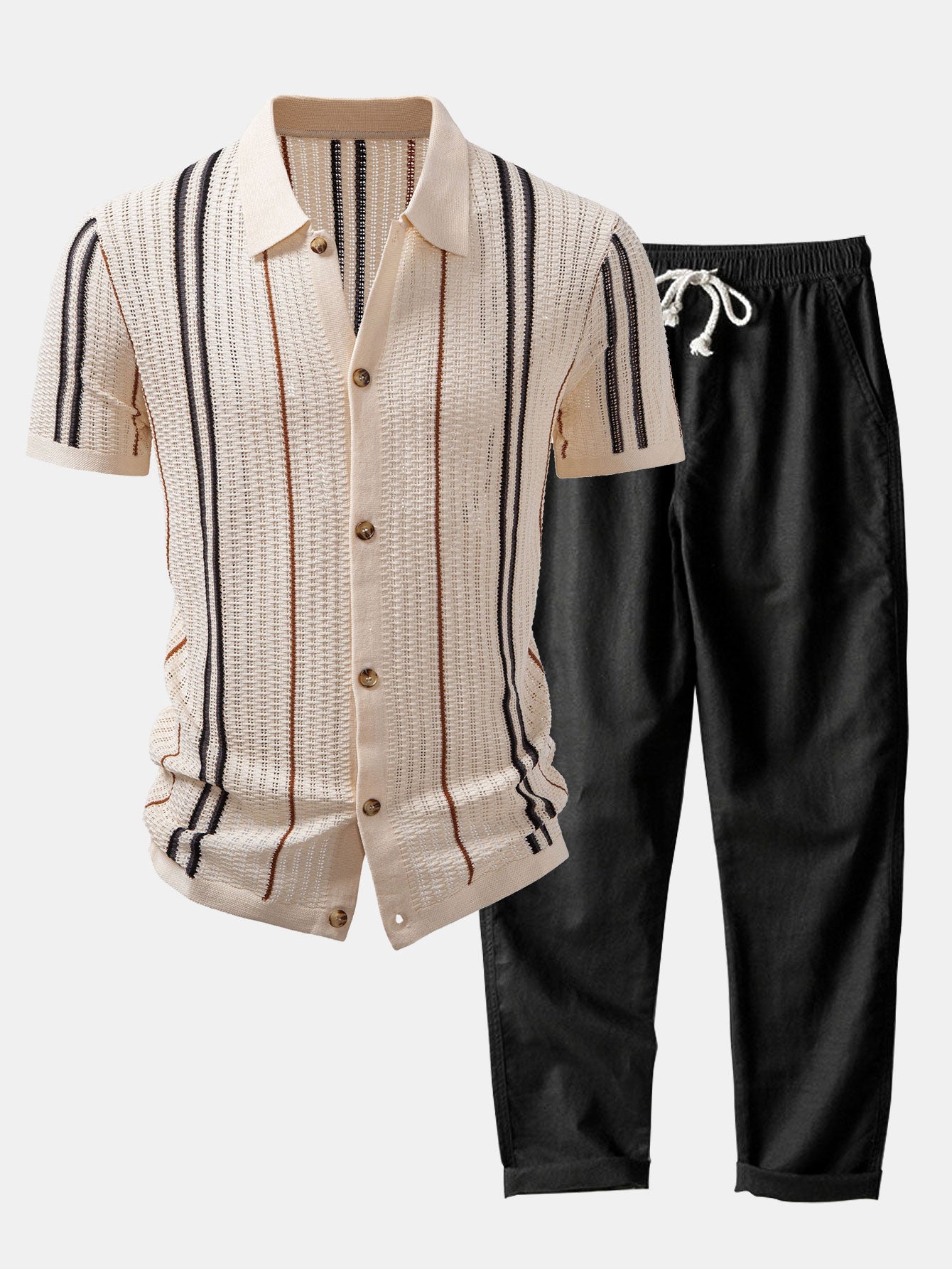 Striped button-up crochet shirt &amp; linen pants