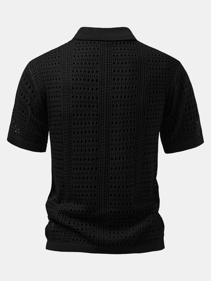Crochet V-neck polo shirt &amp; straight-leg linen pants