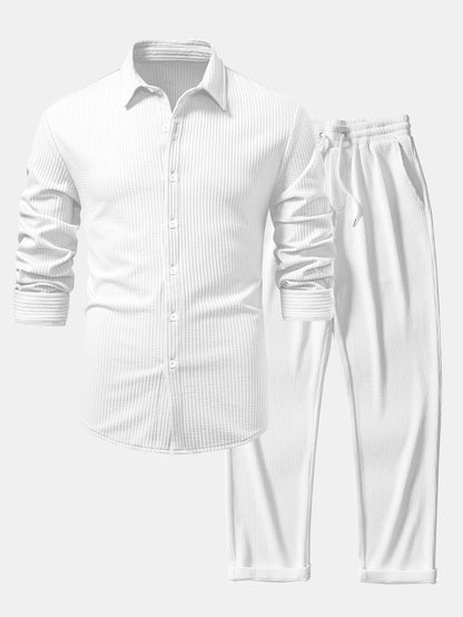 Ribbed muscle fit long sleeve shirt with buttons &amp; ribbed pants
