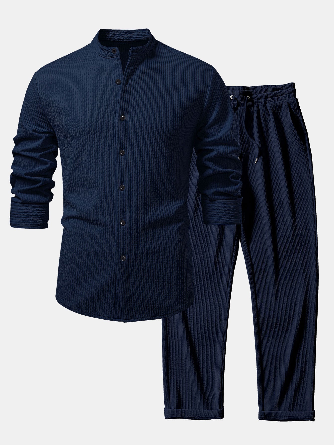 Ribbed Muscle Fit Long Sleeve Shirt with Stand Collar &amp; Ribbed Pants