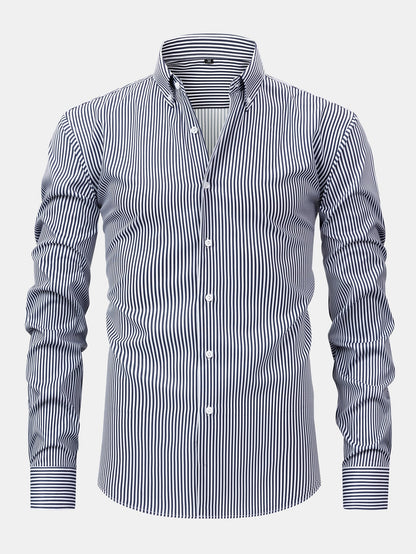 Long-sleeved striped button-down shirt &amp; elastic waist pants