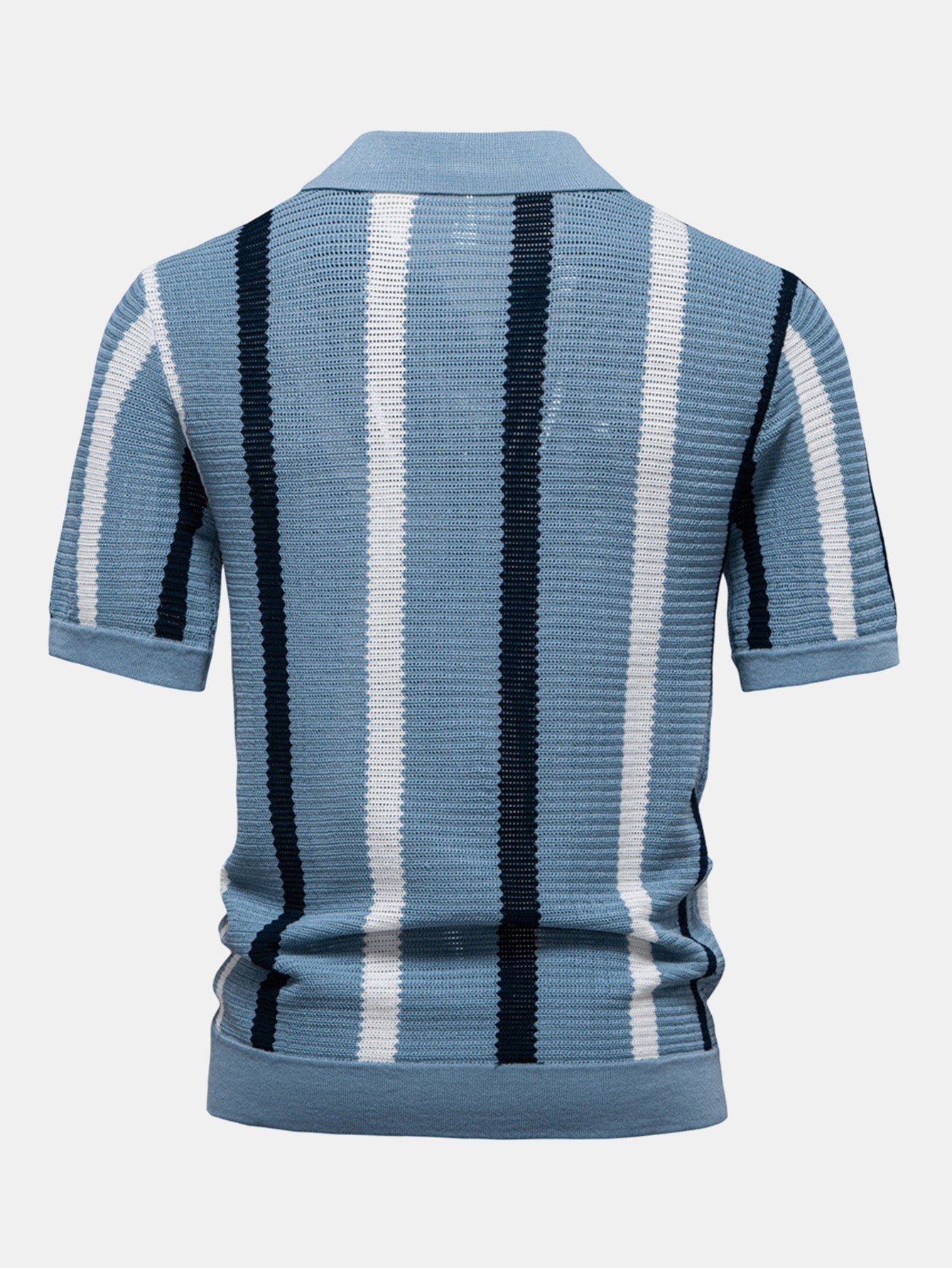 Striped V-neck knit polo shirt &amp; linen pants