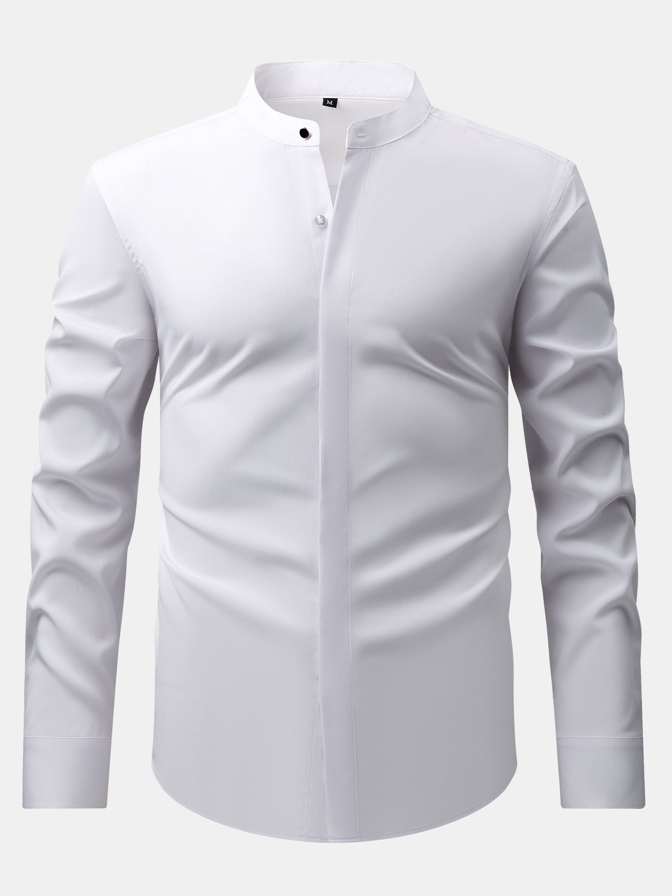 Dress shirt with stand-up collar and hidden anti-wrinkle placket