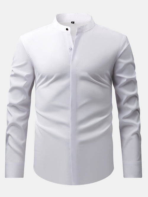 Dress shirt with stand-up collar and hidden anti-wrinkle placket