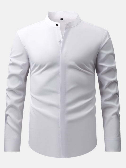 Dress shirt with stand-up collar and hidden anti-wrinkle placket