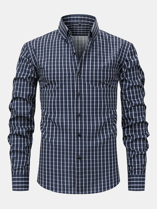 Long-sleeved button-down plaid shirt