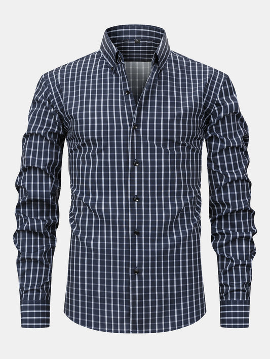 Long-sleeved button-down plaid shirt