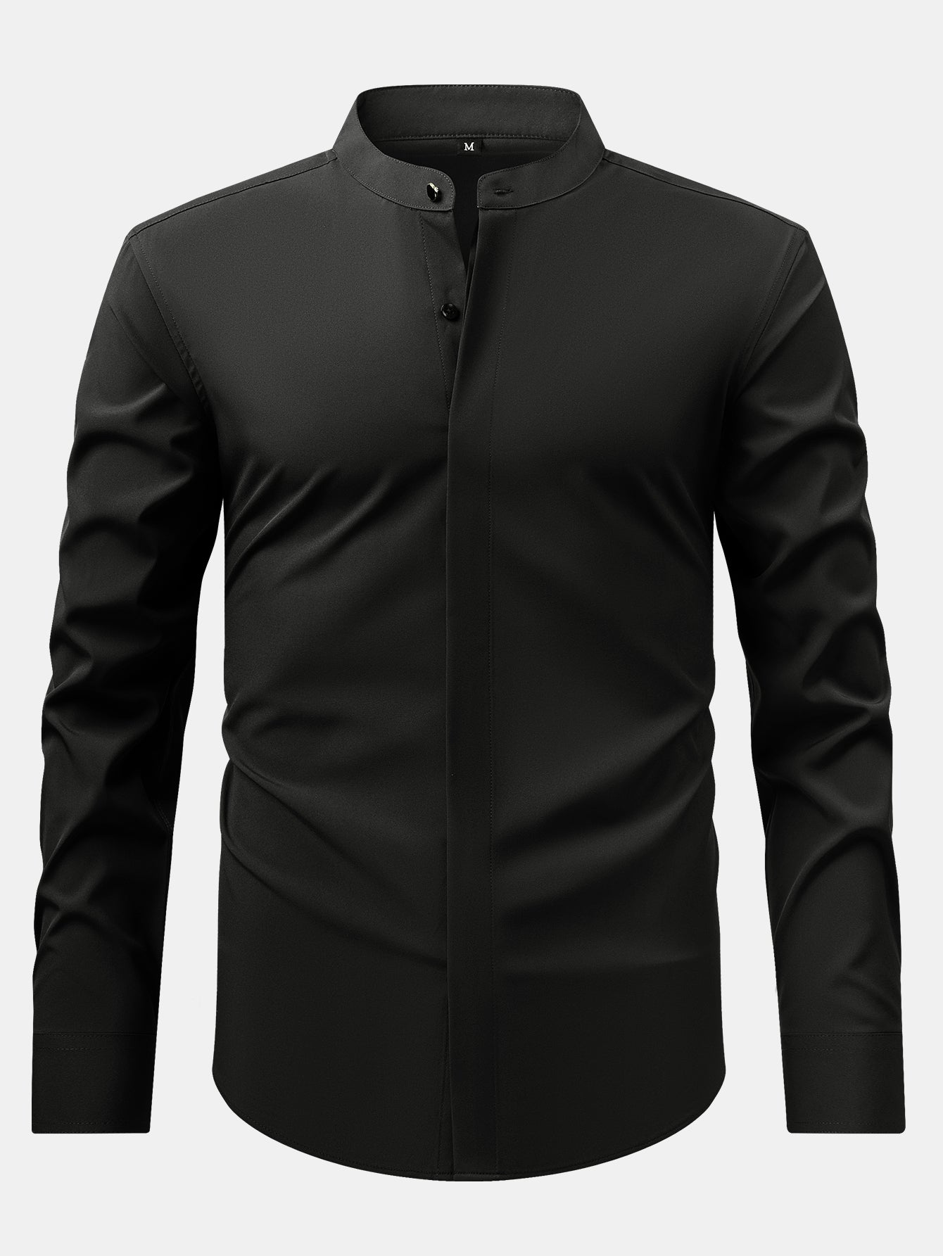 Dress shirt with stand-up collar and hidden anti-wrinkle placket