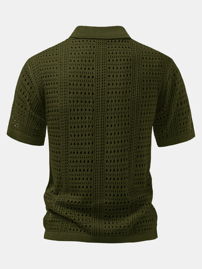 Crochet V-neck polo shirt &amp; straight-leg linen pants