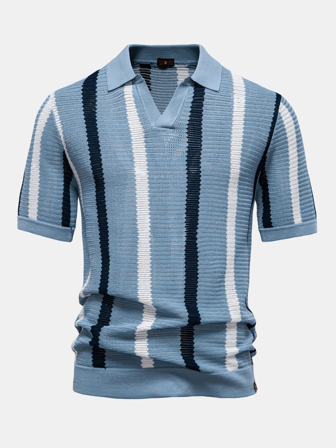 Striped V-neck knit polo shirt &amp; linen pants