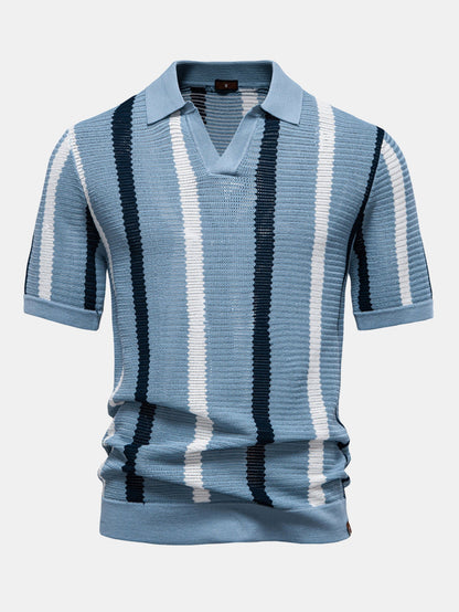 Striped V-neck knit polo shirt &amp; linen pants