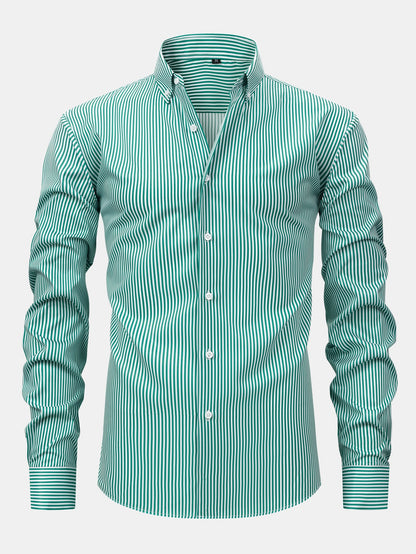Long-sleeved striped button-down shirt &amp; elastic waist pants