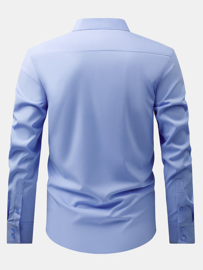 Dress shirt with stand-up collar and hidden anti-wrinkle placket