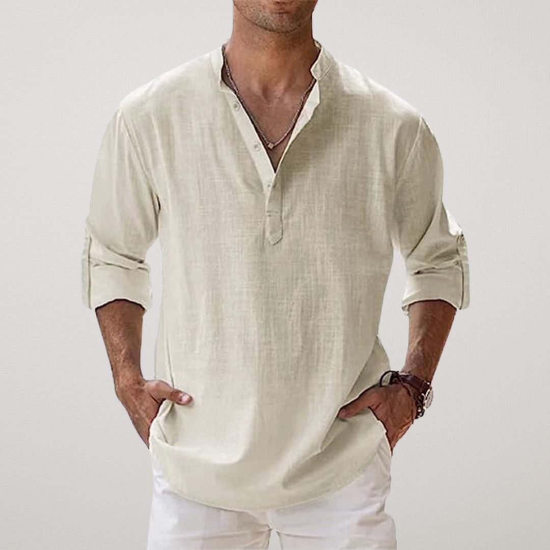 Linen-effect cotton Henley shirt