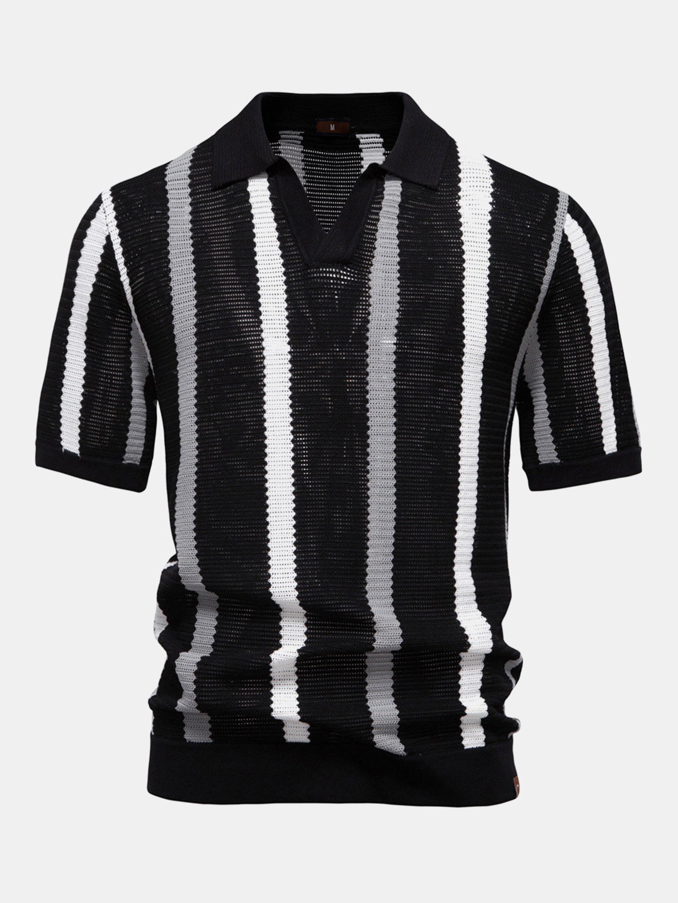 Striped V-neck knit polo shirt &amp; linen pants