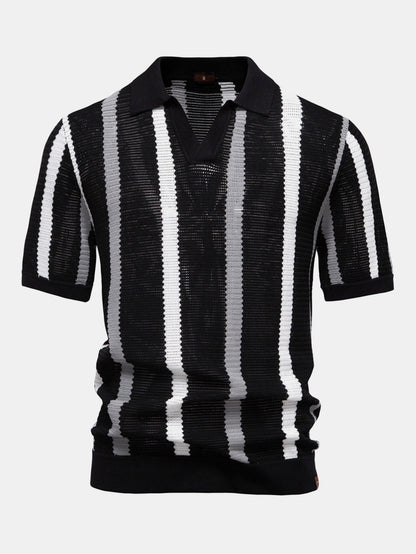 Striped V-neck knit polo shirt &amp; linen pants