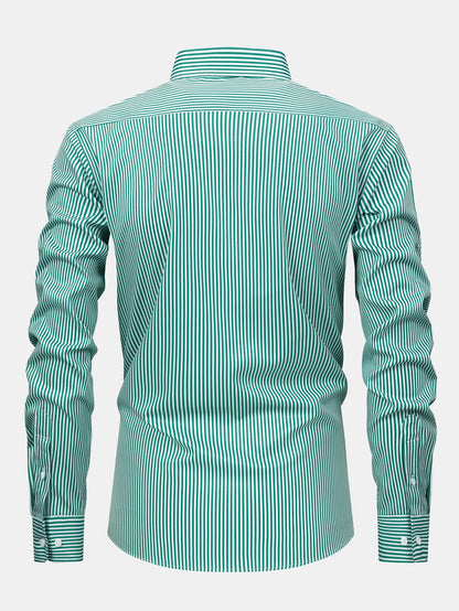 Long-sleeved striped button-down shirt &amp; elastic waist pants