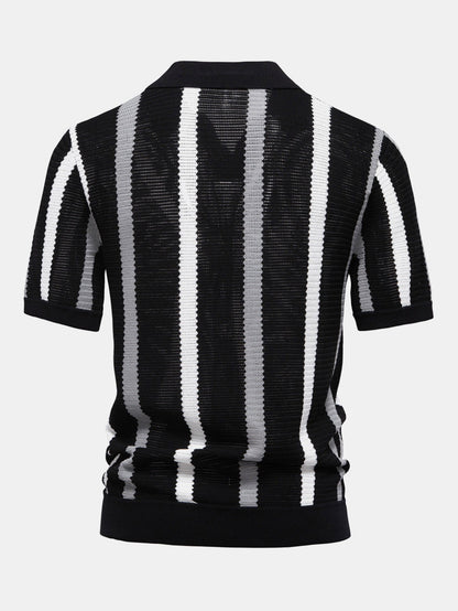 Striped V-neck knit polo shirt &amp; linen pants