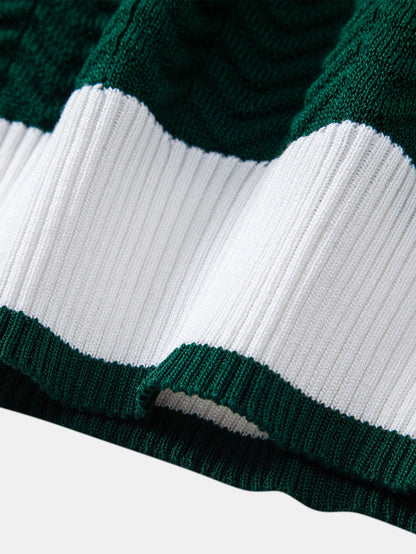 Textured contrast knit polo shirt with V-neck and slim fit trousers