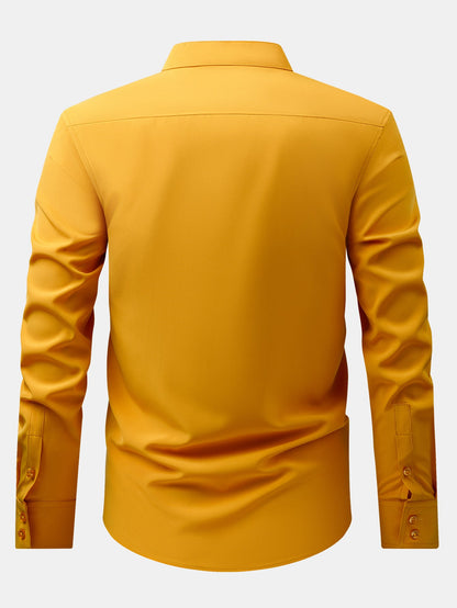 Dress shirt with stand-up collar and hidden anti-wrinkle placket
