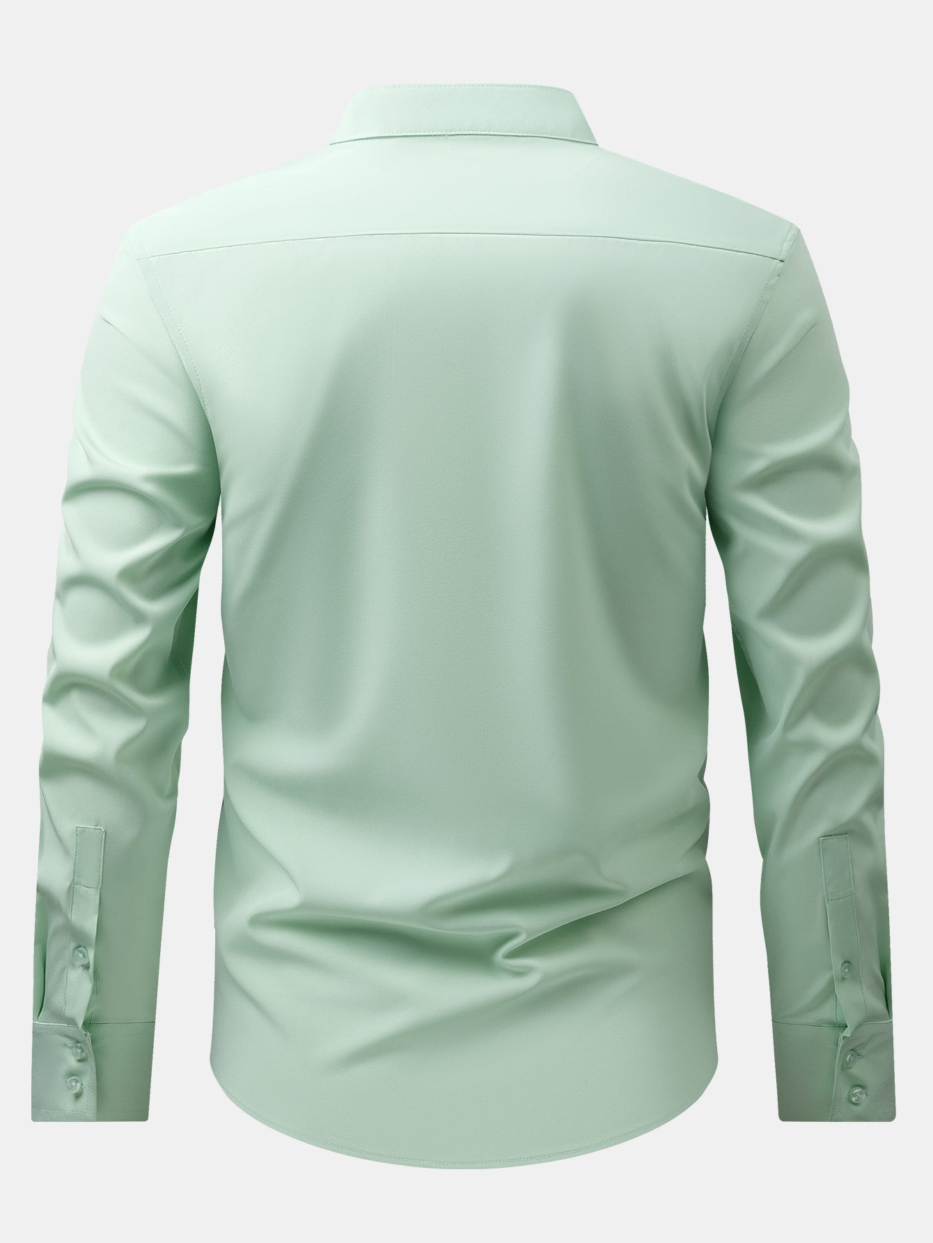 Dress shirt with stand-up collar and hidden anti-wrinkle placket