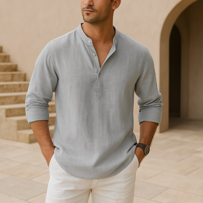Linen-effect cotton Henley shirt
