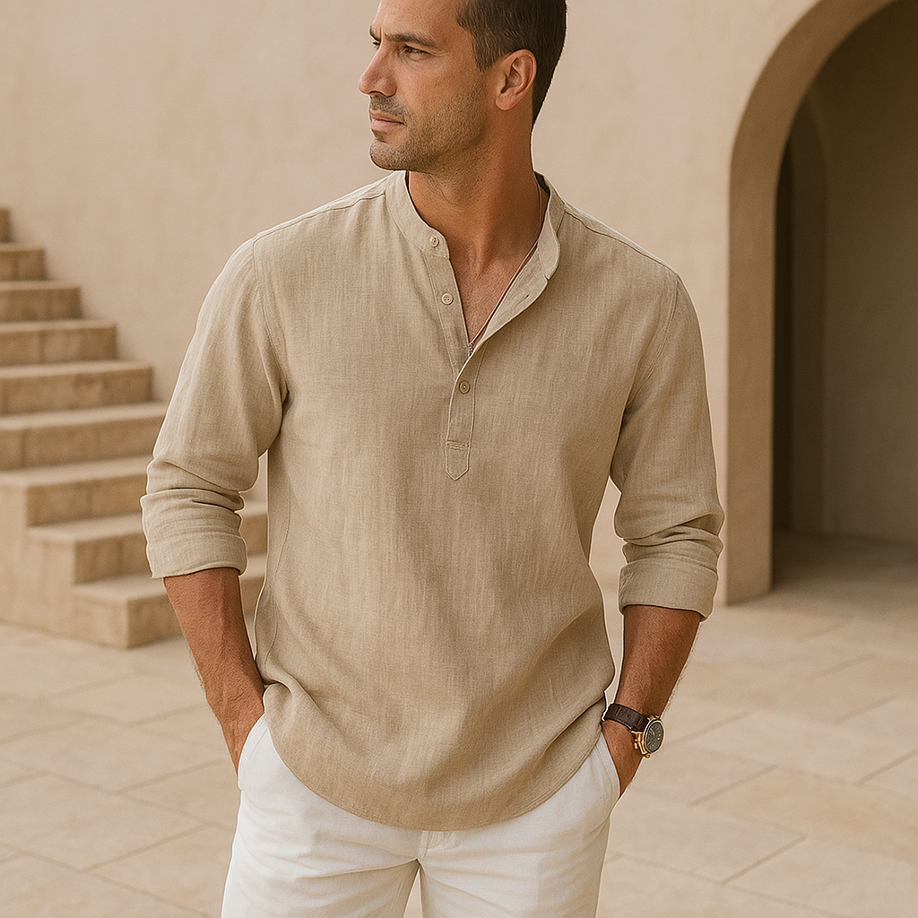Linen-effect cotton Henley shirt