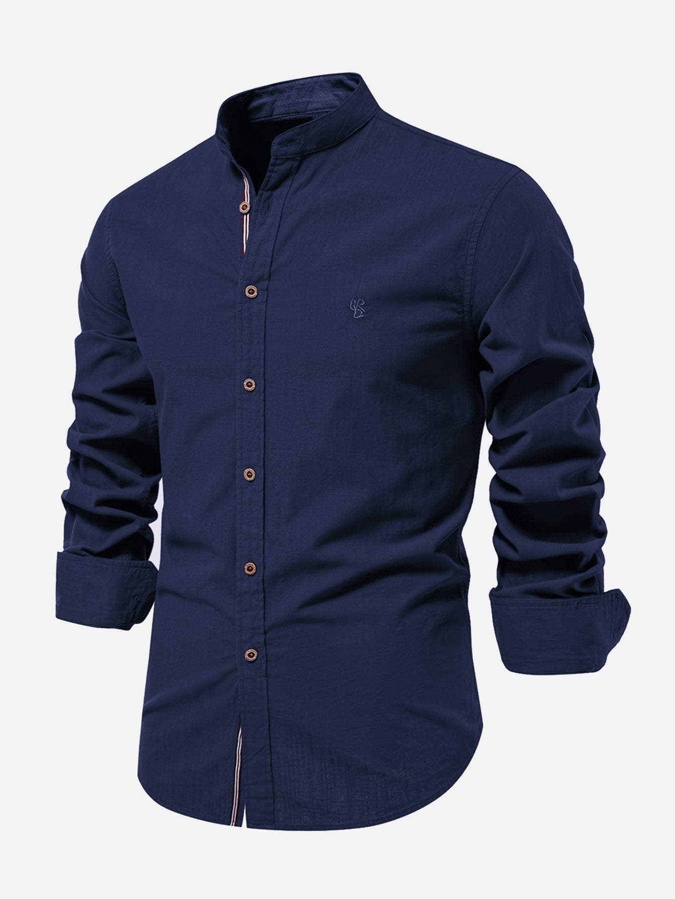 Long-sleeved linen stand-up collar shirt.