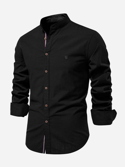 Long-sleeved linen stand-up collar shirt.